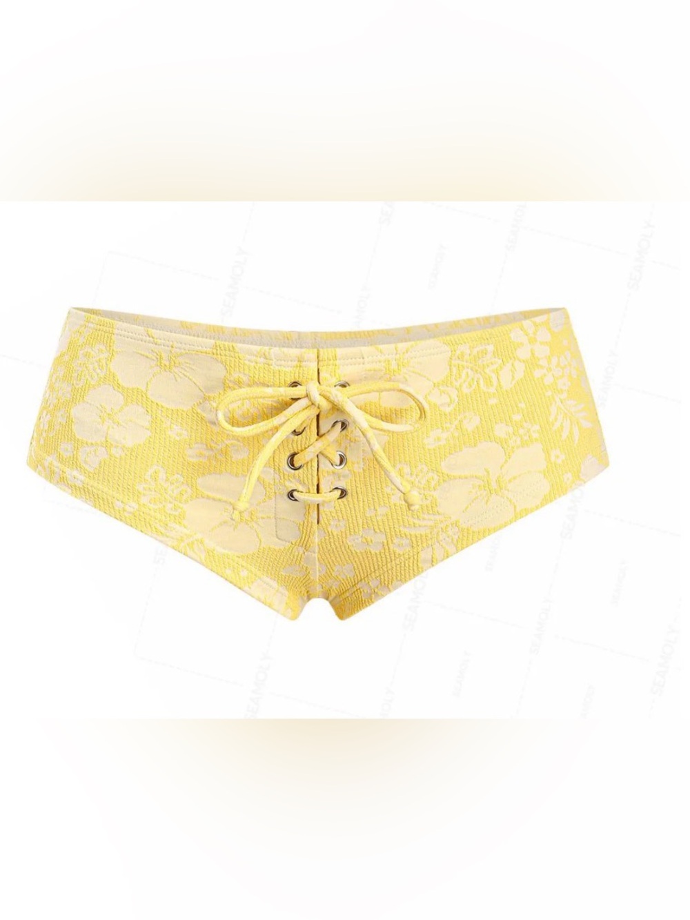 SEAMOLLY JACQUARD GROMMET LACE UP BIKINI BOTTOM CHEEKY SWIM BOYSHORTS